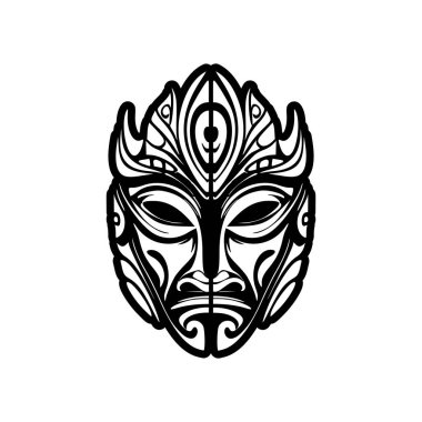 Siyah-beyaz Polinezya tanrı maskesi vektör dövmesi çizimi.