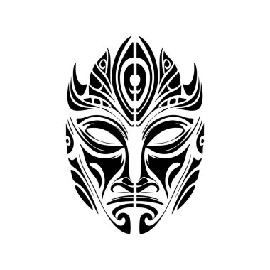 Siyah beyaz geleneksel Polinezya tanrı maskesinin vektör çizimi.
