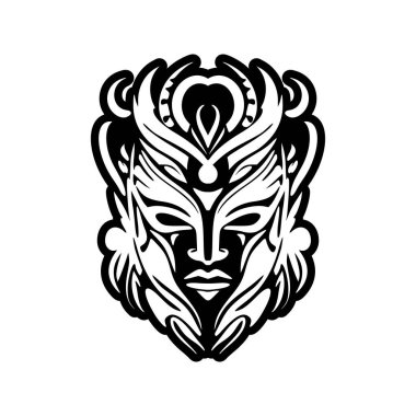 Siyah-beyaz Polinezya tanrı maskesi vektör dövmesi çizimi.