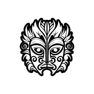 Siyah beyaz vektör dövmeli bir Polinezya tanrı maskesi çizimi.