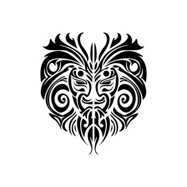 Siyah beyaz bir Polinezya tanrı maskesinin vektör dövmesi..