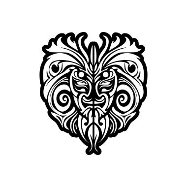 Siyah-beyaz Polinezya tanrı maskesi vektör dövmesi çizimi.