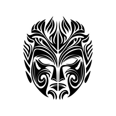 Polinezya tanrısı maskesinin siyah beyaz dövmesinin vektör çizimi..