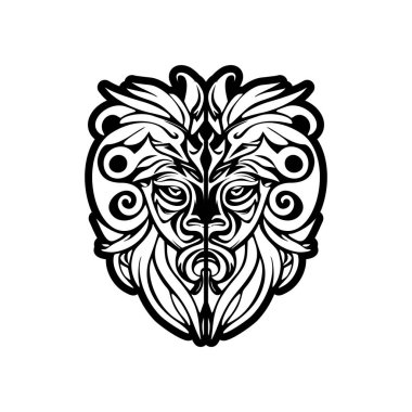 Siyah-beyaz Polinezya tanrı maskesi vektör dövmesi çizimi.