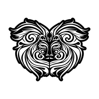Siyah-beyaz Polinezya tanrı maskesi vektör dövmesi çizimi.