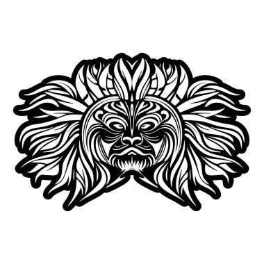 Polinezya tanrı maskesinin beyaz ve siyah vektör dövmesi çizimi.