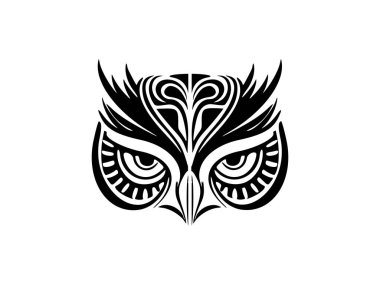 Polinezya tasarımlı siyah beyaz baykuş yüzü dövmesi..