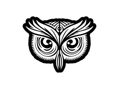 Bir baykuşun yüzü dövmesi, siyah beyaz, Polinezya tasarımlı..