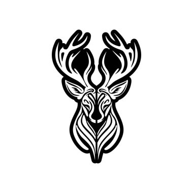 Siyah ve beyaz vektör grafikleri kullanan minimal geyik logosu.