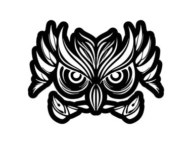 Siyah beyaz polinezya desenli baykuş dövmesi.