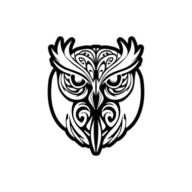 Polinezya motifleri içeren siyah beyaz baykuşun dövme tasarımı.