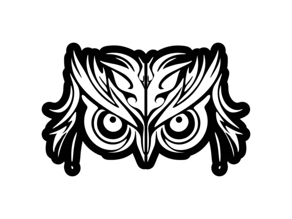 Czarno Biały Tatuaż Twarzy Sowy Polinezyjskimi Wzorami — Wektor stockowy