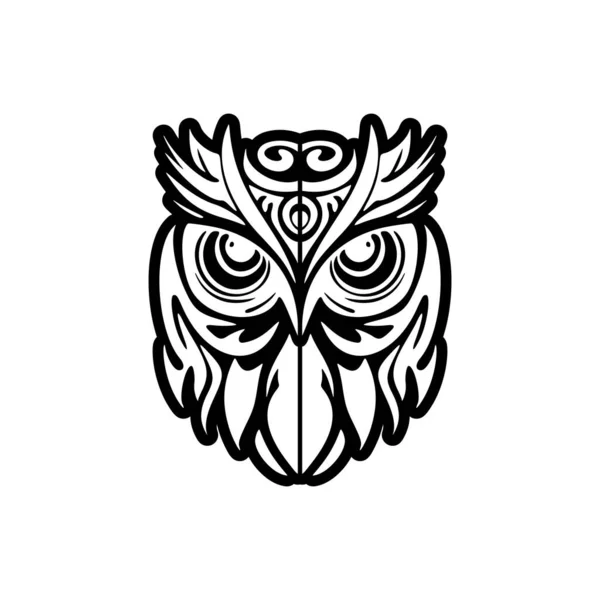 stock vector Black and white owl tattoo adorned with Polynesian patterns.