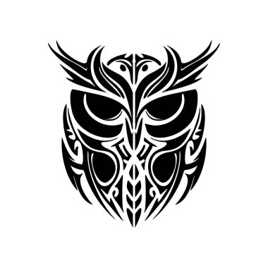 Polinezya 'dan esinlenilmiş siyah beyaz baykuş dövmesi.