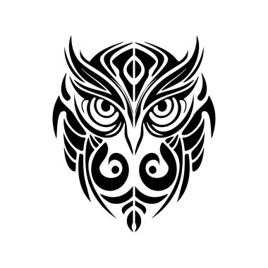 Polinezya tasarımlı siyah beyaz baykuş dövmesi.