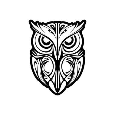 A black and white owl tattoo with Polynesian designs. clipart