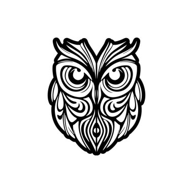 Siyah beyaz renkli ve Polinezya tasarımlı bir baykuş dövmesi.