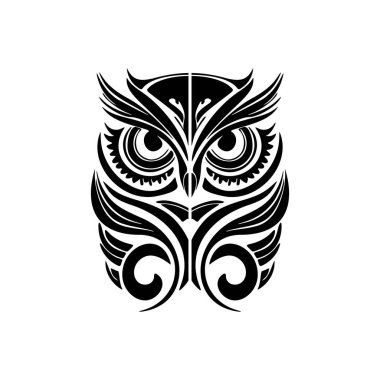 Beyaz mürekkeple Polinezya tasarımlarıyla süslenmiş siyah bir baykuş..