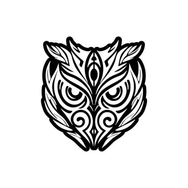 Polinezya desenleriyle süslenmiş siyah beyaz baykuş dövmesi..