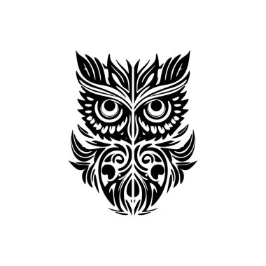 Polinezya tasarımlı siyah beyaz baykuş dövmesi.