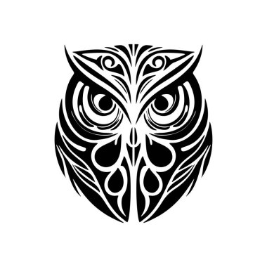 Polinezya tasarımları içeren tek renkli baykuş dövmesi.