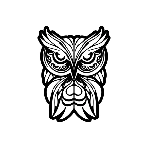 Татуировка Черно Белой Совы Элементами Полинезийского Дизайна — стоковый вектор