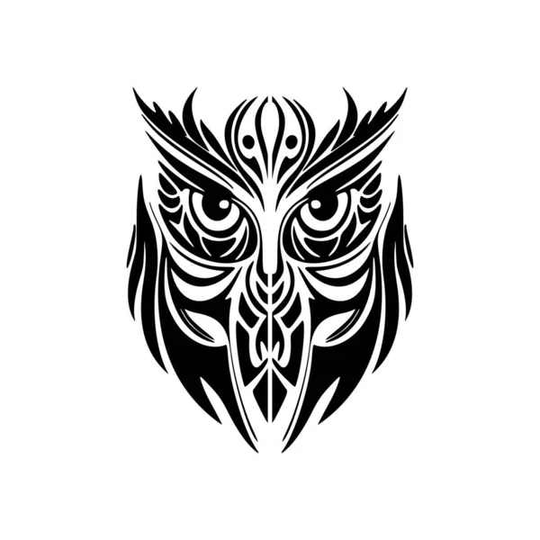 Czarno Biały Sowa Tatuaż Ozdobiony Polinezyjskimi Wzorami — Wektor stockowy