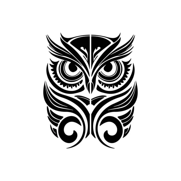 Czarna Sowa Ozdobiona Polinezyjskimi Wzorami Białym Atramencie — Wektor stockowy