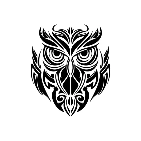 Tatuaż Czarno Białą Sową Akcentowaną Wzorami Polinezyjskimi — Wektor stockowy