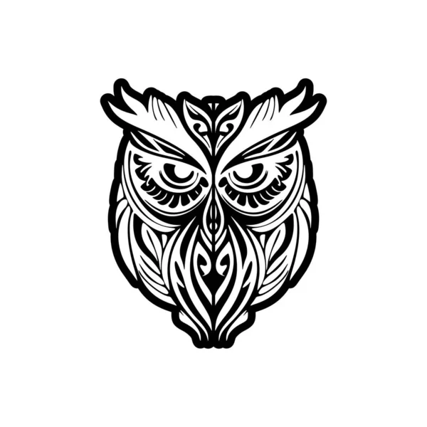Projekt Tatuażu Czarno Białej Sowy Wyświetlającej Polinezjan — Wektor stockowy