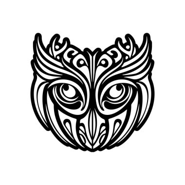 Polinezya desenleriyle süslenmiş siyah beyaz baykuş dövmesi..