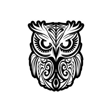 Siyah beyaz baykuş dövmesi tasarımı, Polinezya desenli.