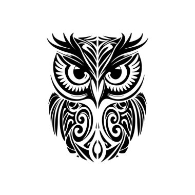 Siyah beyaz bir baykuş dövmesi, Polinezyalı. İlham verici tasarımlar..