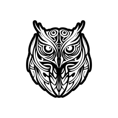 Polinezya motifleriyle tek renkli baykuş dövmesi.