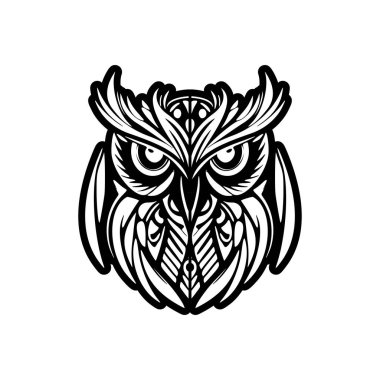 Baykuş dövmesi tasarımı siyah beyaz ve polinezya sanat öğeleriyle.