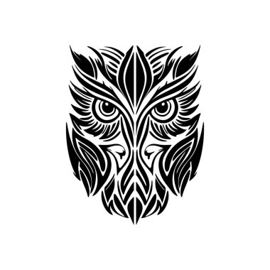 Siyah, beyaz ve Polinezya tasarımlı baykuş dövmesi.