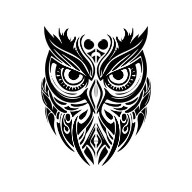 Polinezya detaylarıyla süslenmiş tek renkli baykuş dövmesi..