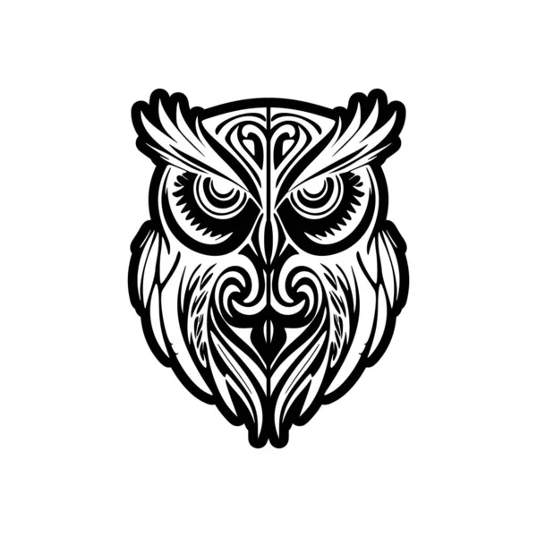 Projekt Tatuażu Sowy Czarno Białymi Skomplikowanymi Polinezyjskimi Wzorami — Wektor stockowy
