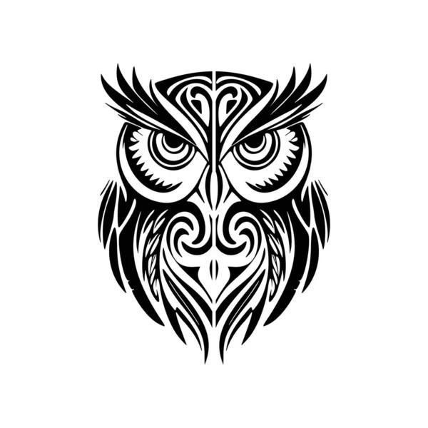 Czarno Biały Tatuaż Sowy Ozdobiony Wzorami Polinezyjskimi — Wektor stockowy