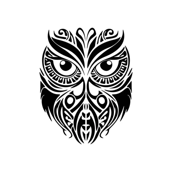Wyjątkowy Czarno Biały Tatuaż Sowy Polinezyjskimi Wzorami — Wektor stockowy