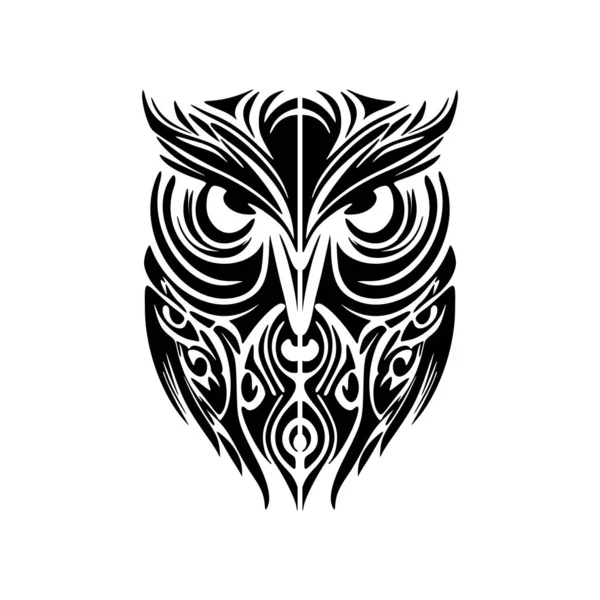 Czarno Biały Tatuaż Sowy Polinezyjskimi Wzorami — Wektor stockowy