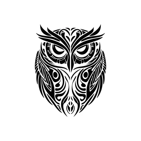 stock vector A black and white owl with Polynesian designs tattooed on it.