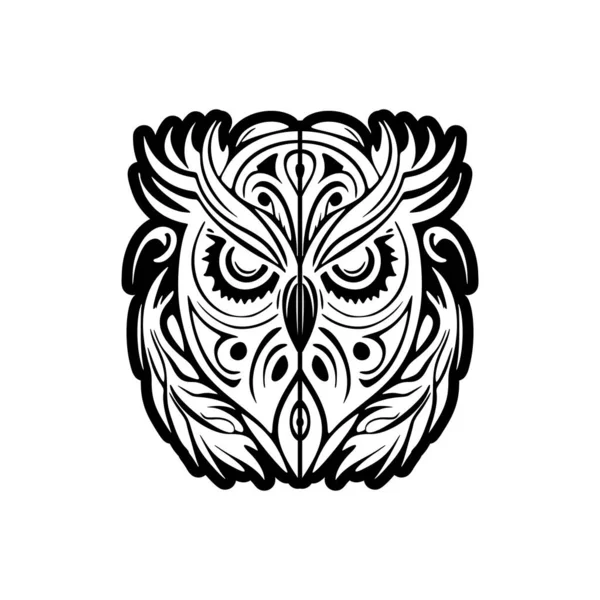 Projekt Tatuażu Sowy Kolorach Czarno Białym Połączeniu Polinezyjskimi Wzorami — Wektor stockowy