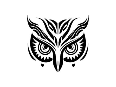 Polinezya tasarımlı baykuş yüzünün siyah beyaz dövmesi..