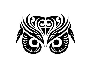 Polinezya tasarımlı siyah beyaz baykuş yüzü dövmesi..
