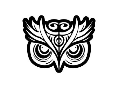 Polinezya motifli siyah beyaz baykuş yüzü dövmesi..