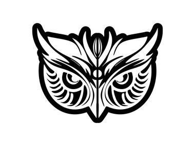 Polinezya tasarımlı siyah beyaz baykuş yüzü dövmesi..