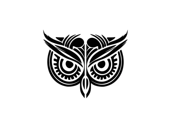 Czarno Biały Sowa Twarz Tatuaż Ozdobiony Polinezyjskimi Wzorami — Wektor stockowy