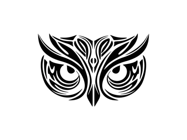 Czarno Biały Tatuaż Twarzy Sowy Polinezyjskimi Detalami — Wektor stockowy