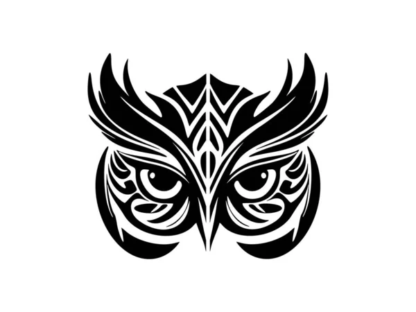 Черно Белая Татуировка Лице Совы Украшенная Полинезийскими Рисунками — стоковый вектор